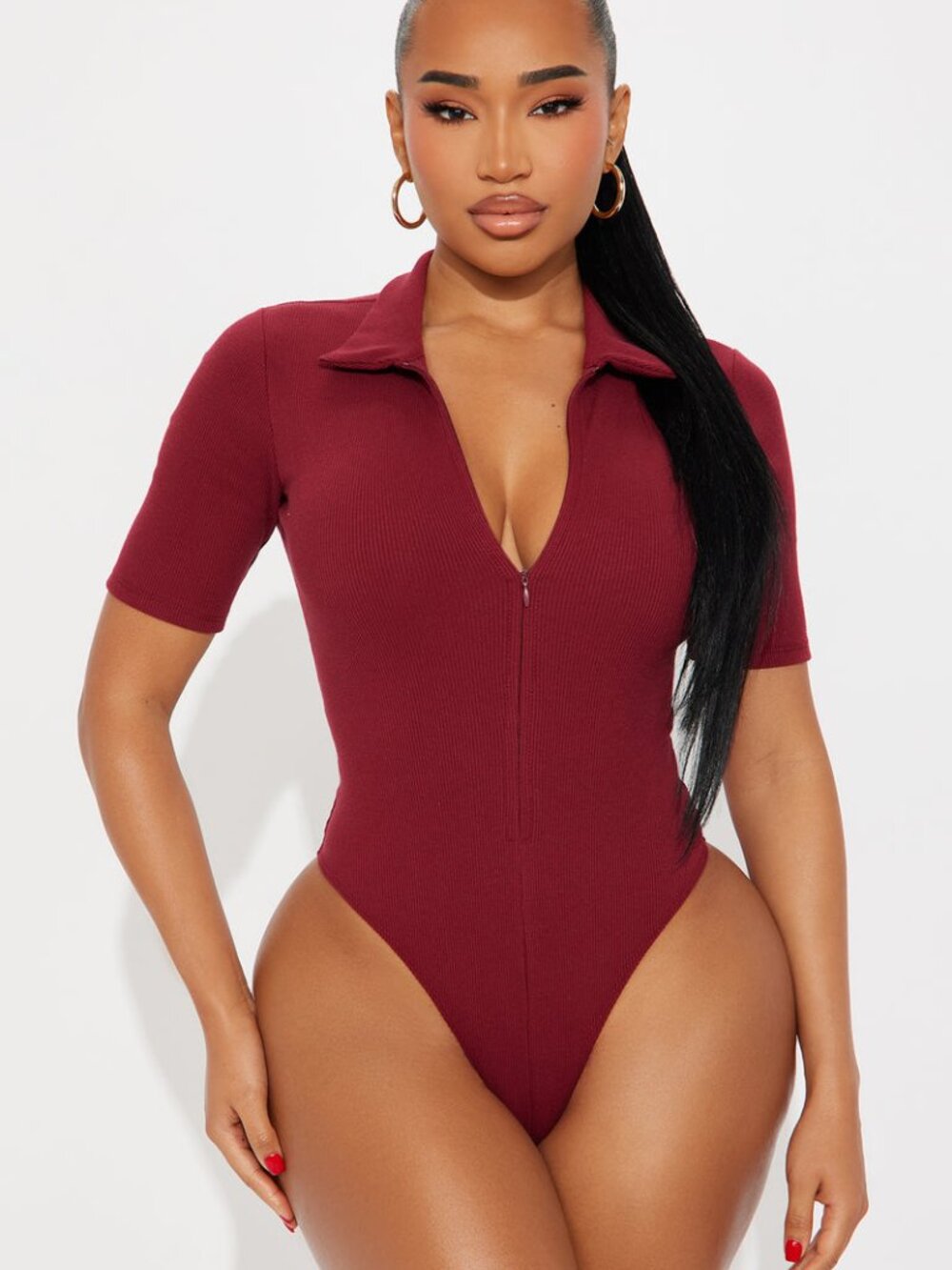 NWT Burgundy Short-Sleeve Zip Front One-Piece